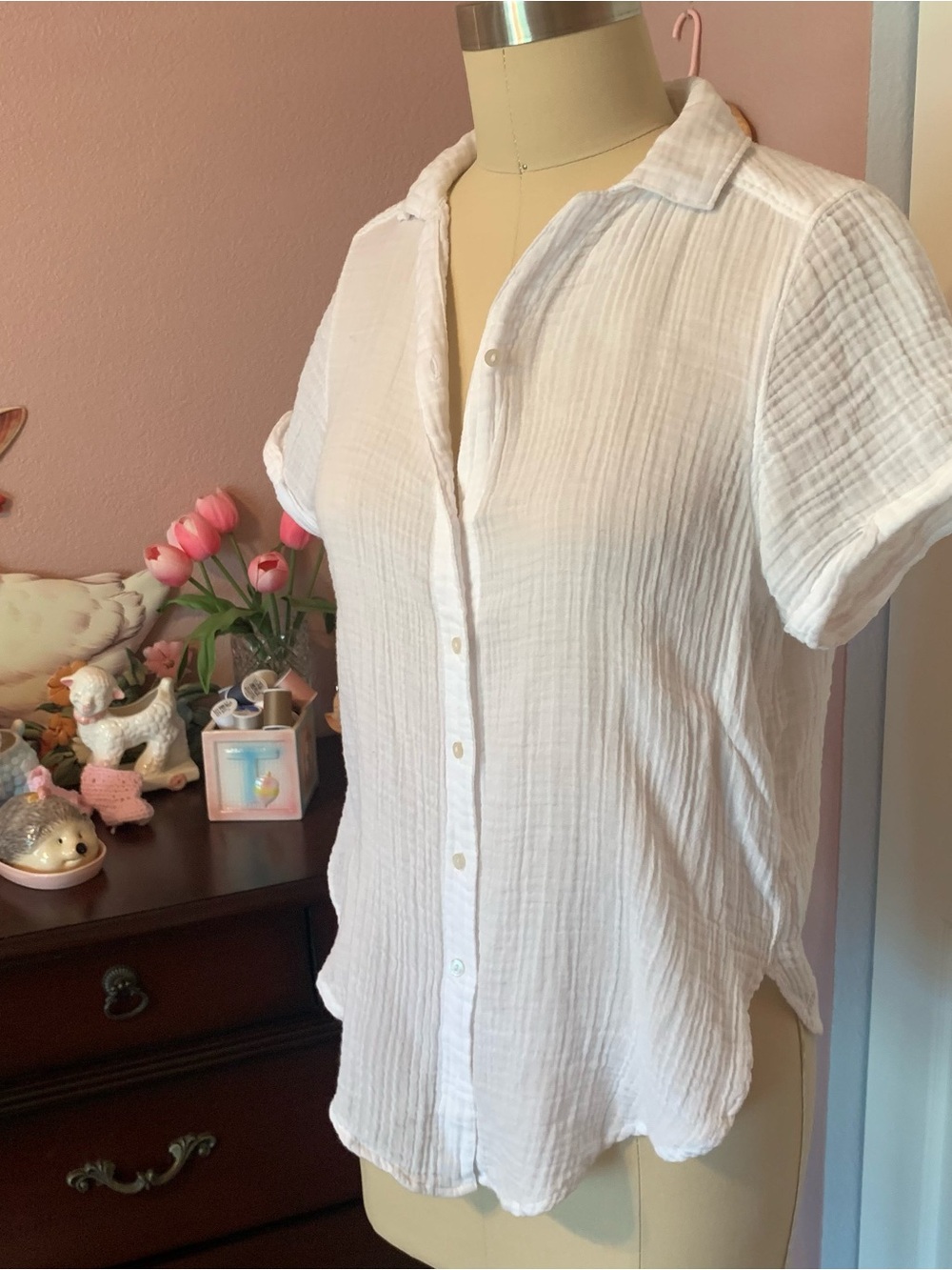 ABERCROMBIE & FITCH White Short-Sleeve Gauze Button-Down Shirt